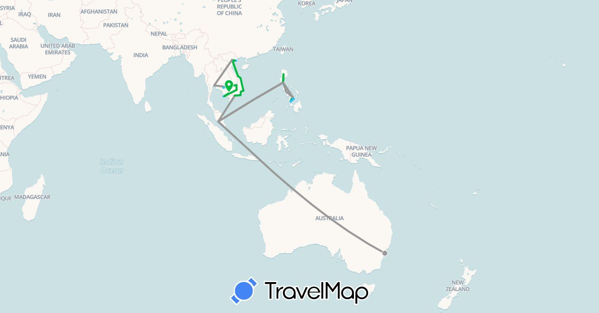 TravelMap itinerary: driving, bus, plane, boat in Australia, Cambodia, Malaysia, Philippines, Thailand, Vietnam (Asia, Oceania)